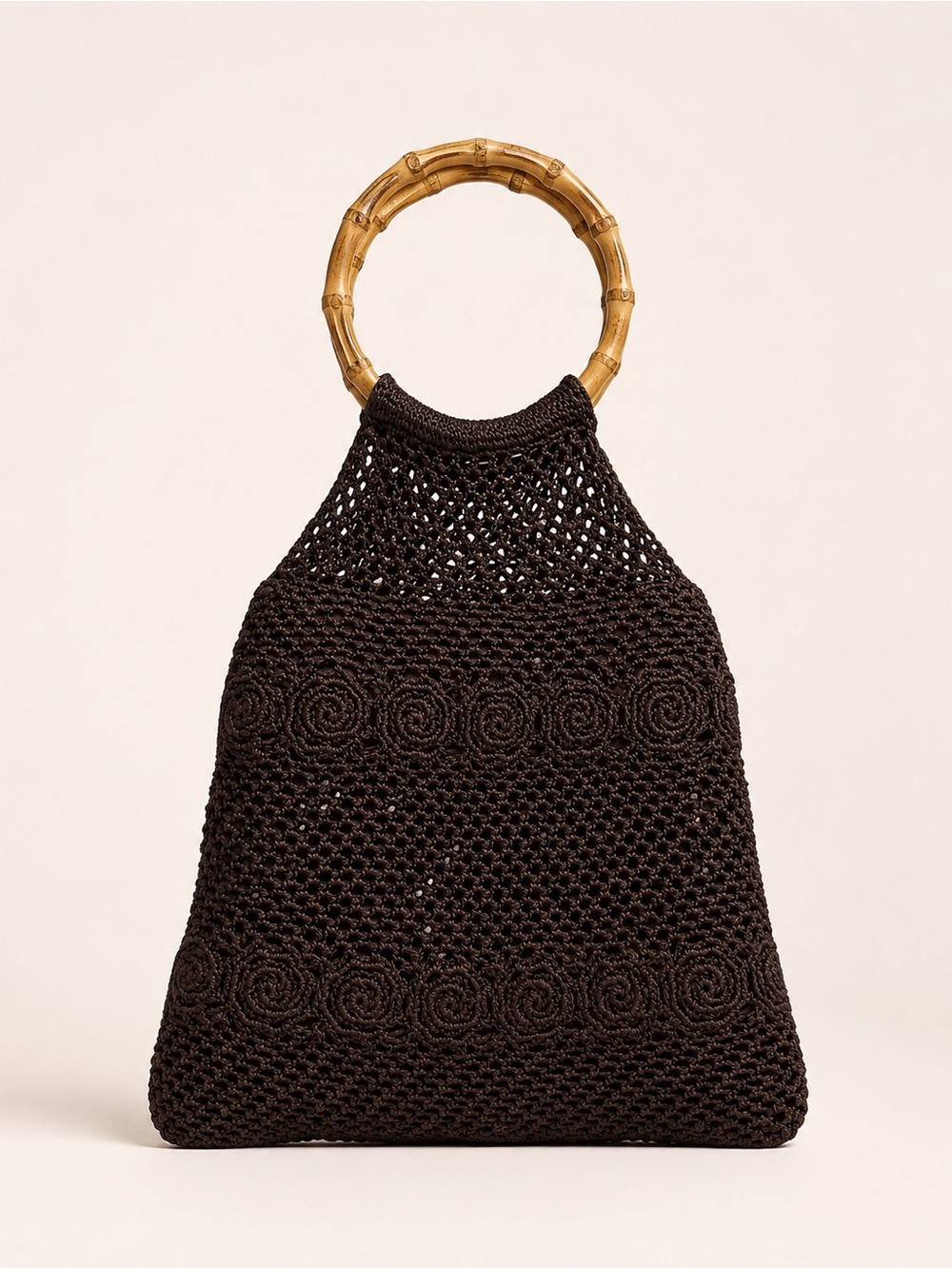 60s‎ 70s Crochet Brown Purse With Round Wooden Bamboo Handles Lined Vintage